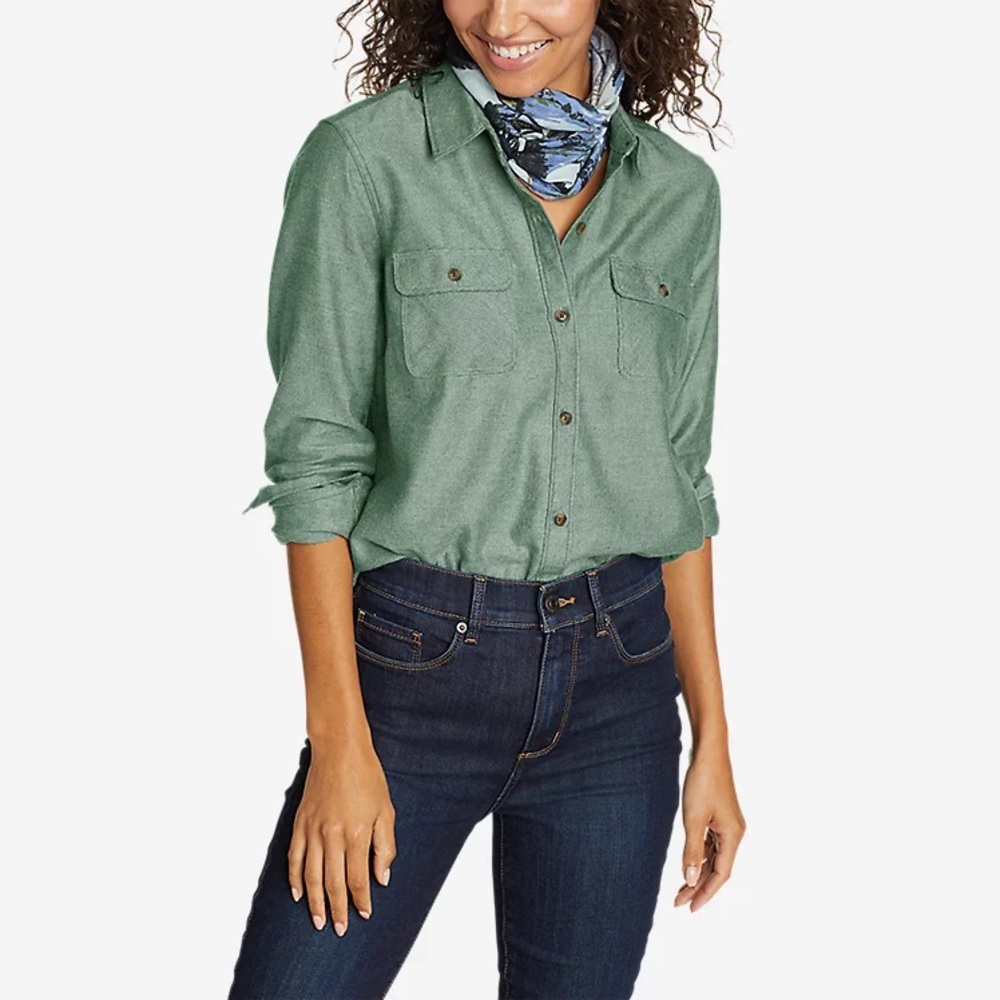 Eddie Bauer Heathered Green Button Up Long Sleeve Shirt Size Large
